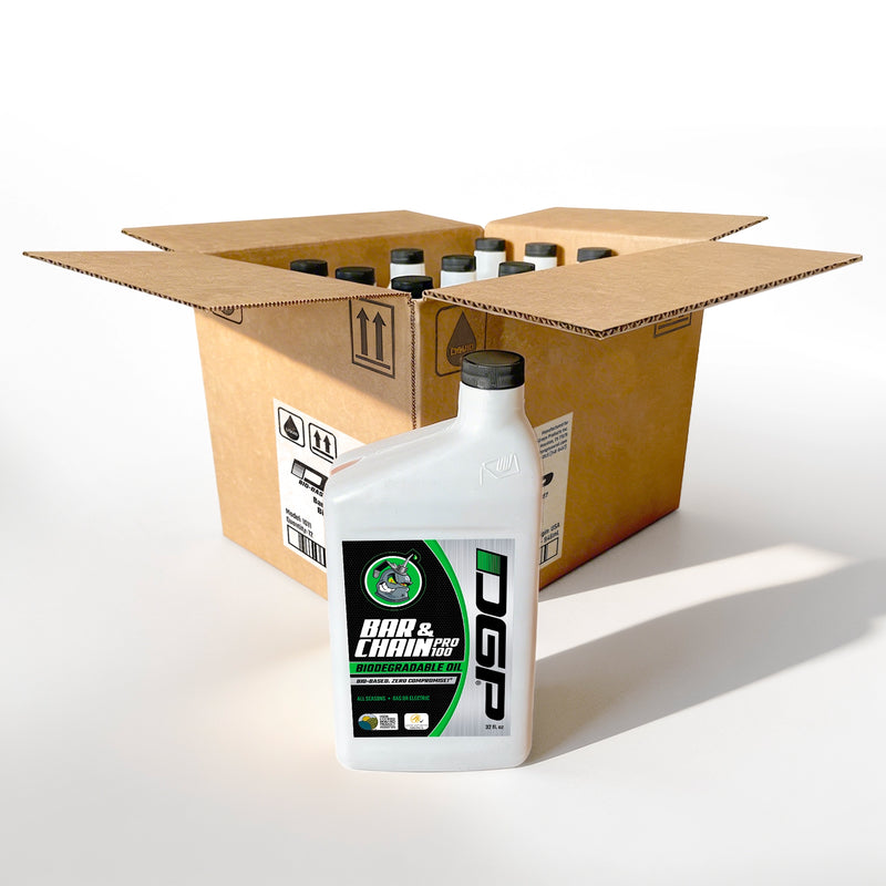 DGP Pro100 32oz bar and chain oil bottle in shipping box