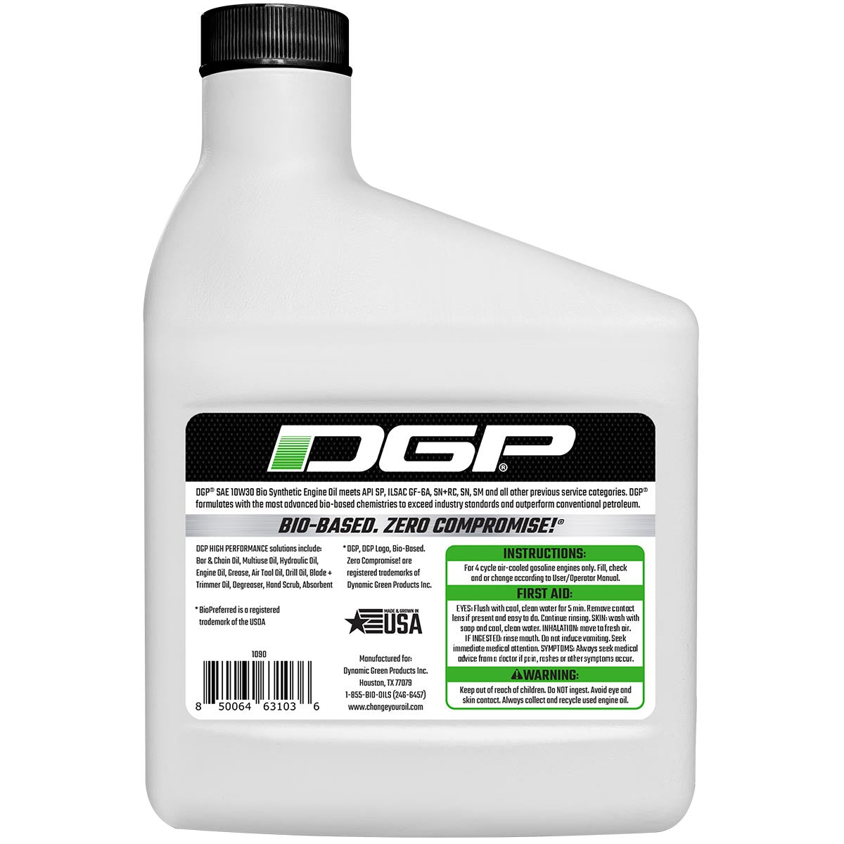 DGP 10W-30 4-cycle bio-synthetic engine oil bottle with product label