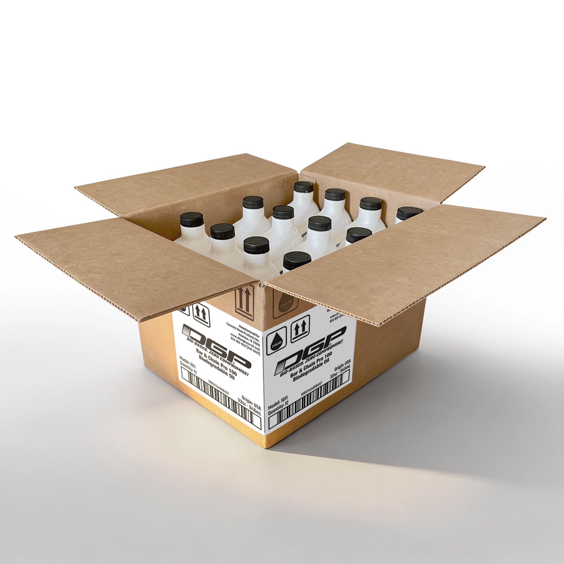 DGP Pro100 32oz bar and chain oil bottle with product label